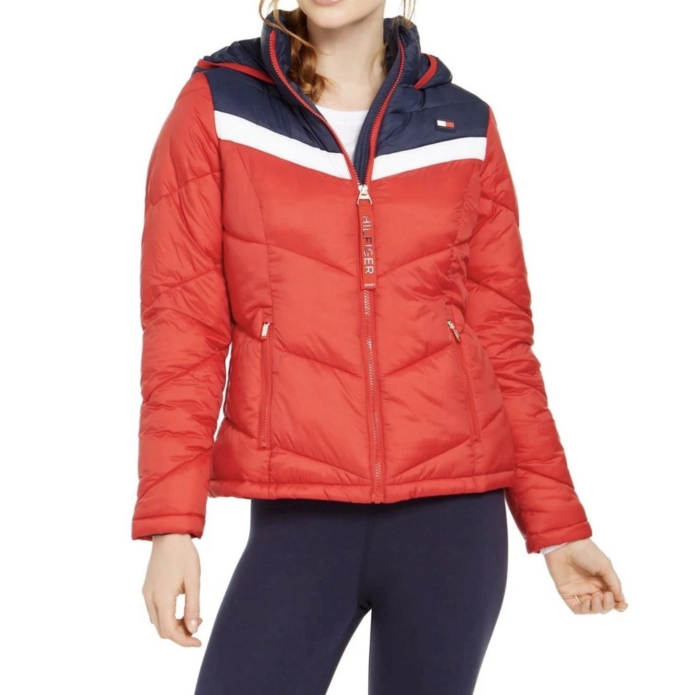 Tommy Hilfiger Sport Hooded Puffer Jacket Red Color Block Preppy Cozy‎ Outdoor